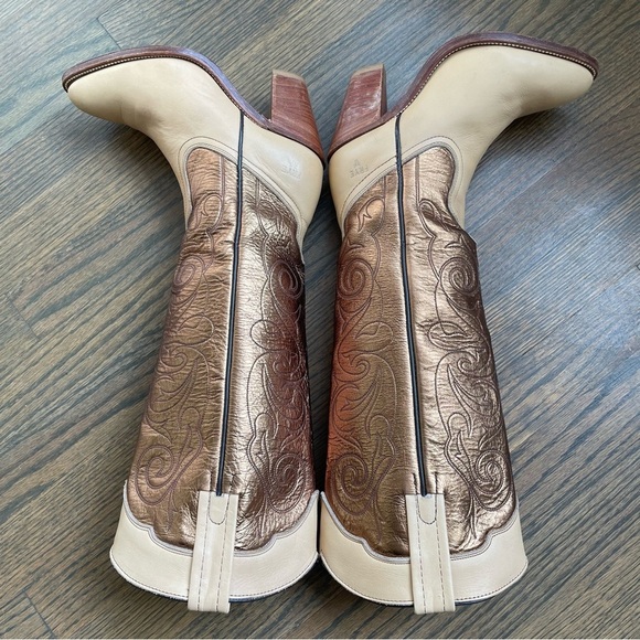 FRYE Metallic Gold Stitched Knee High Western Festival Cowboy Boots - Picture 8 of 15